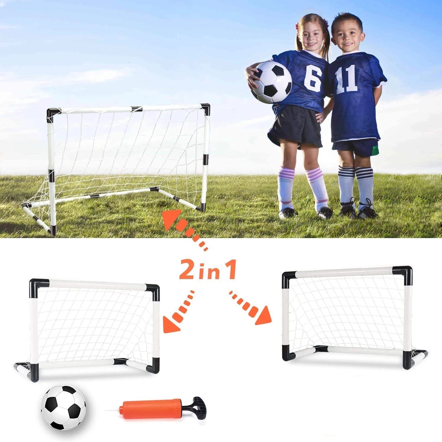 2In1 Mini Football  Ball Goal Folding Post Net + Pump Kids Sport Indoor Outdoor Games Toys Kids Sports Training Equipment