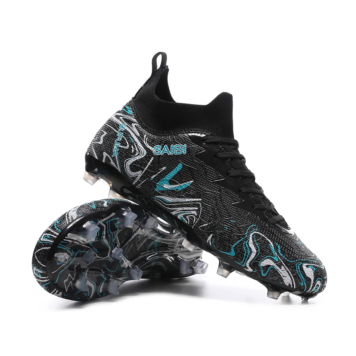 High-top football boots with long FG studs and TF studs,suitable for both men and women,featuring breathable and non-slip design