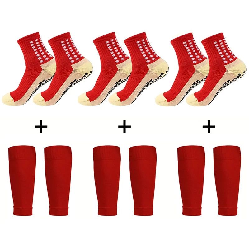 3 Pairs Knee Pads Calf Sleeves+3 Pairs Football Socks Men Women Outdoor Sports Socks Non-slip Silicone Bottom Soccer Socks