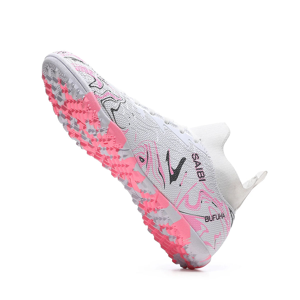 High-top football boots with long FG studs and TF studs,suitable for both men and women,featuring breathable and non-slip design