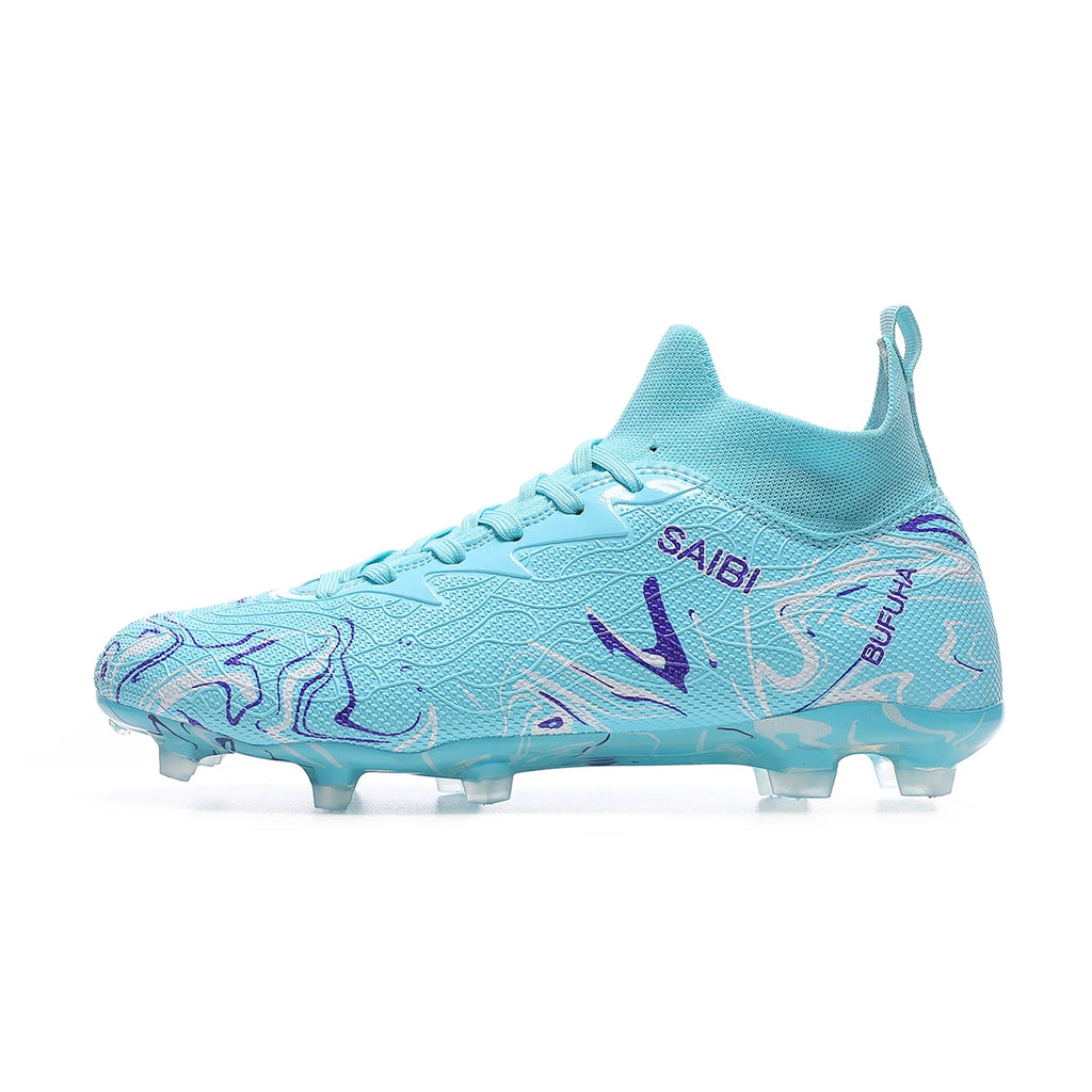 High-top football boots with long FG studs and TF studs,suitable for both men and women,featuring breathable and non-slip design