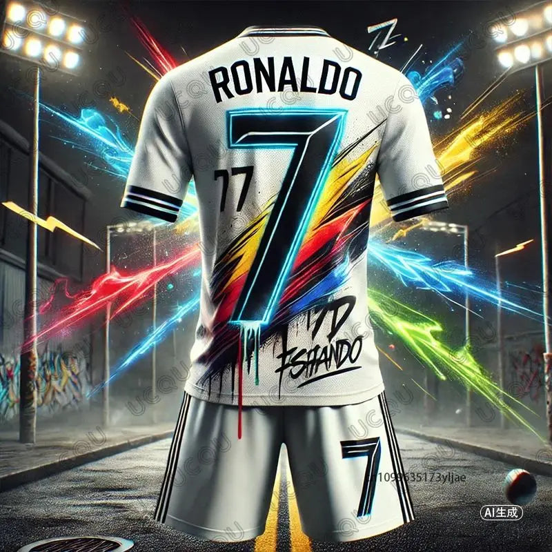 2026 New Ai Design Graffiti Football Jersey Ronaldo # 7 T-shirt+Shorts Sets Summer Sports Suit Training Kids/Adult 2Pcs Outfits