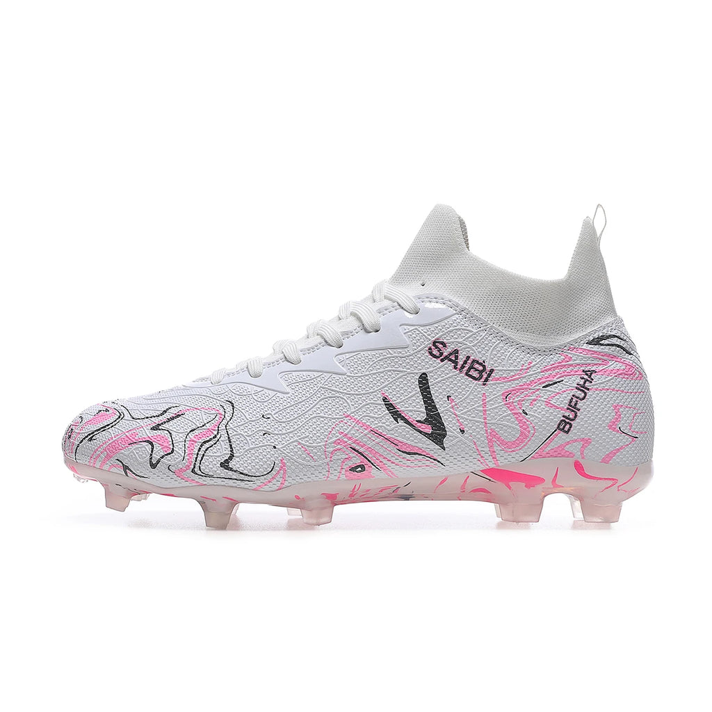 High-top football boots with long FG studs and TF studs,suitable for both men and women,featuring breathable and non-slip design
