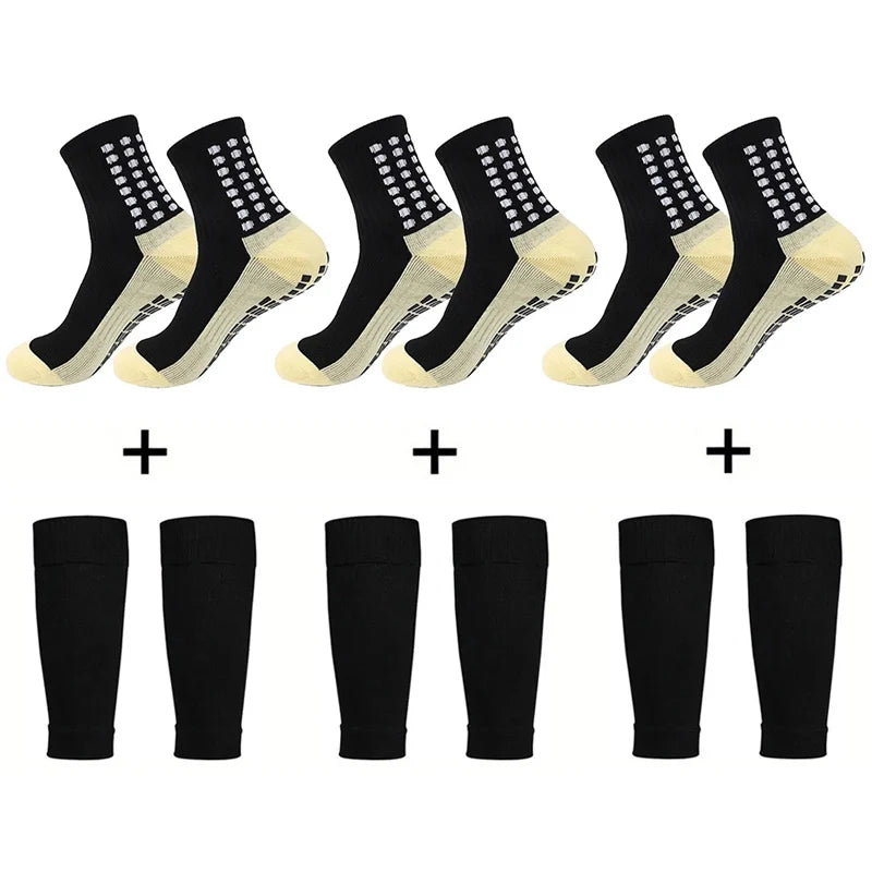 3 Pairs Knee Pads Calf Sleeves+3 Pairs Football Socks Men Women Outdoor Sports Socks Non-slip Silicone Bottom Soccer Socks