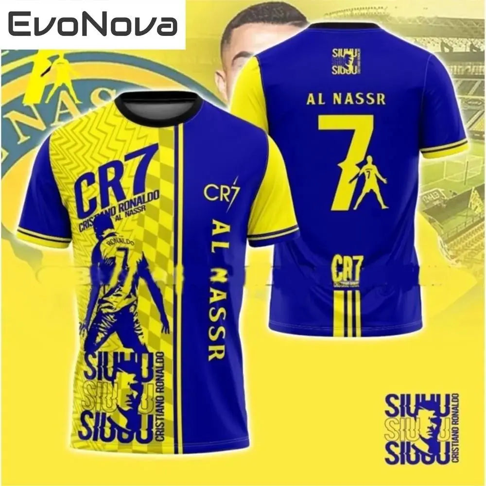 EvoNova CR7 Al Nassr Football Jersey - Stylish Blue and Yellow Design Featuring Cristiano Ronaldo's Iconic CR7 Logo