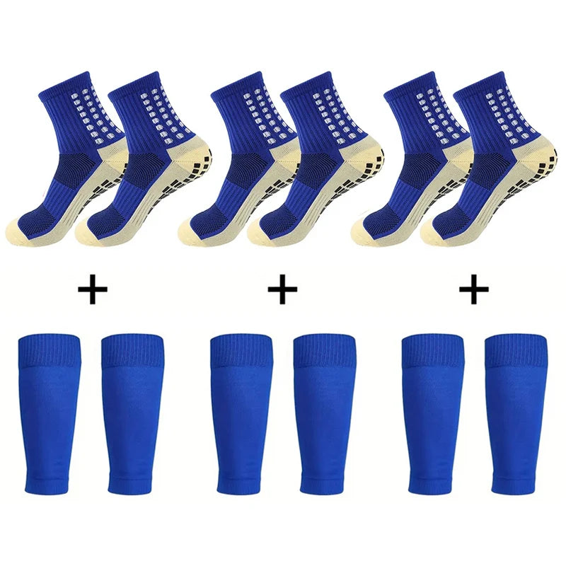 3 Pairs Knee Pads Calf Sleeves+3 Pairs Football Socks Men Women Outdoor Sports Socks Non-slip Silicone Bottom Soccer Socks