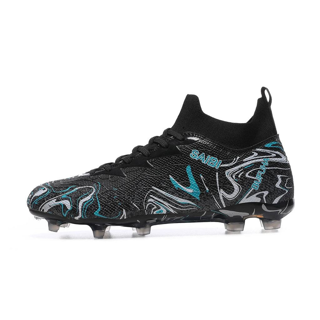 High-top football boots with long FG studs and TF studs,suitable for both men and women,featuring breathable and non-slip design