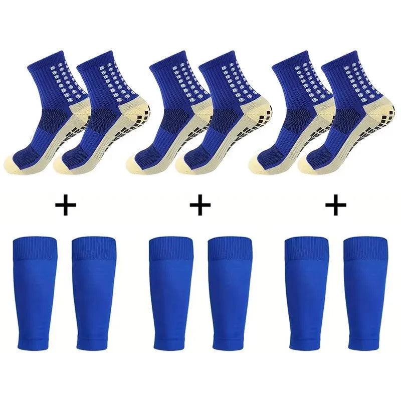 3 Pairs Knee Pads Calf Sleeves+3 Pairs Football Socks Men Women Outdoor Sports Socks Non-slip Silicone Bottom Soccer Socks