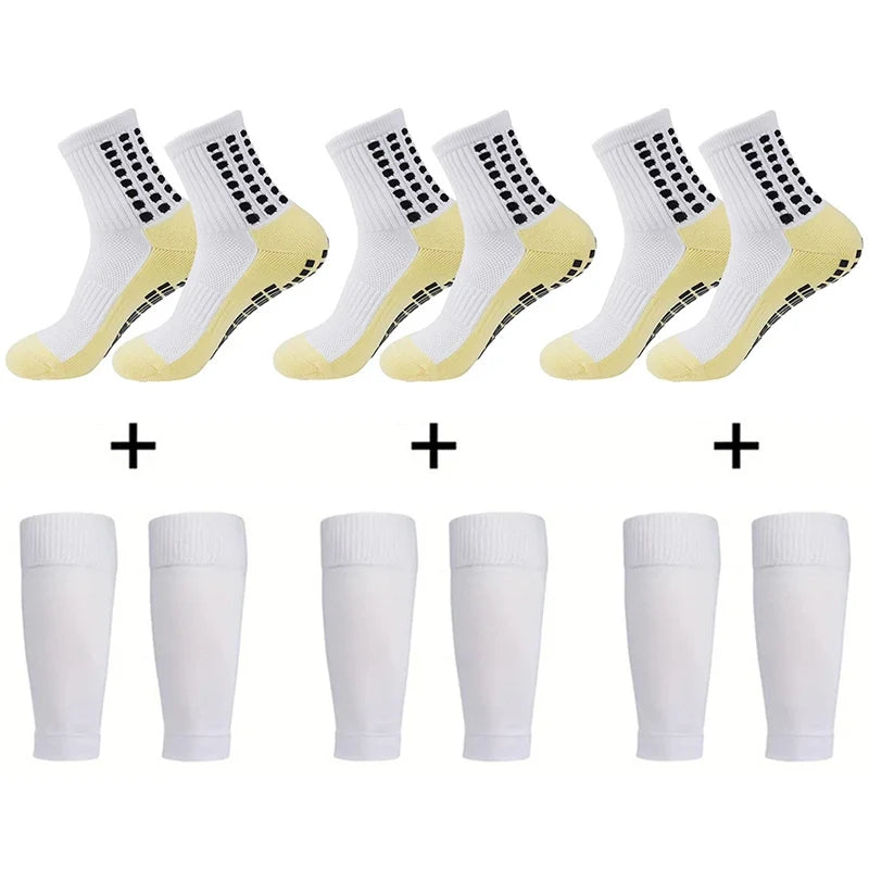 3 Pairs Knee Pads Calf Sleeves+3 Pairs Football Socks Men Women Outdoor Sports Socks Non-slip Silicone Bottom Soccer Socks