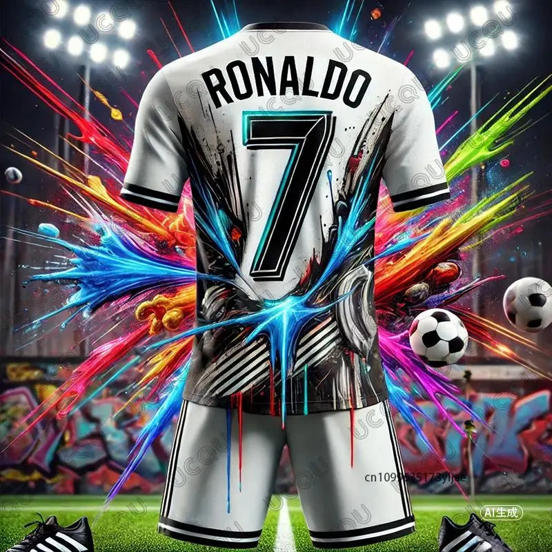 2026 New Ai Design Graffiti Football Jersey Ronaldo # 7 T-shirt+Shorts Sets Summer Sports Suit Training Kids/Adult 2Pcs Outfits