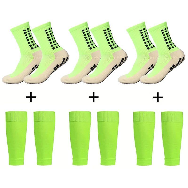 3 Pairs Knee Pads Calf Sleeves+3 Pairs Football Socks Men Women Outdoor Sports Socks Non-slip Silicone Bottom Soccer Socks
